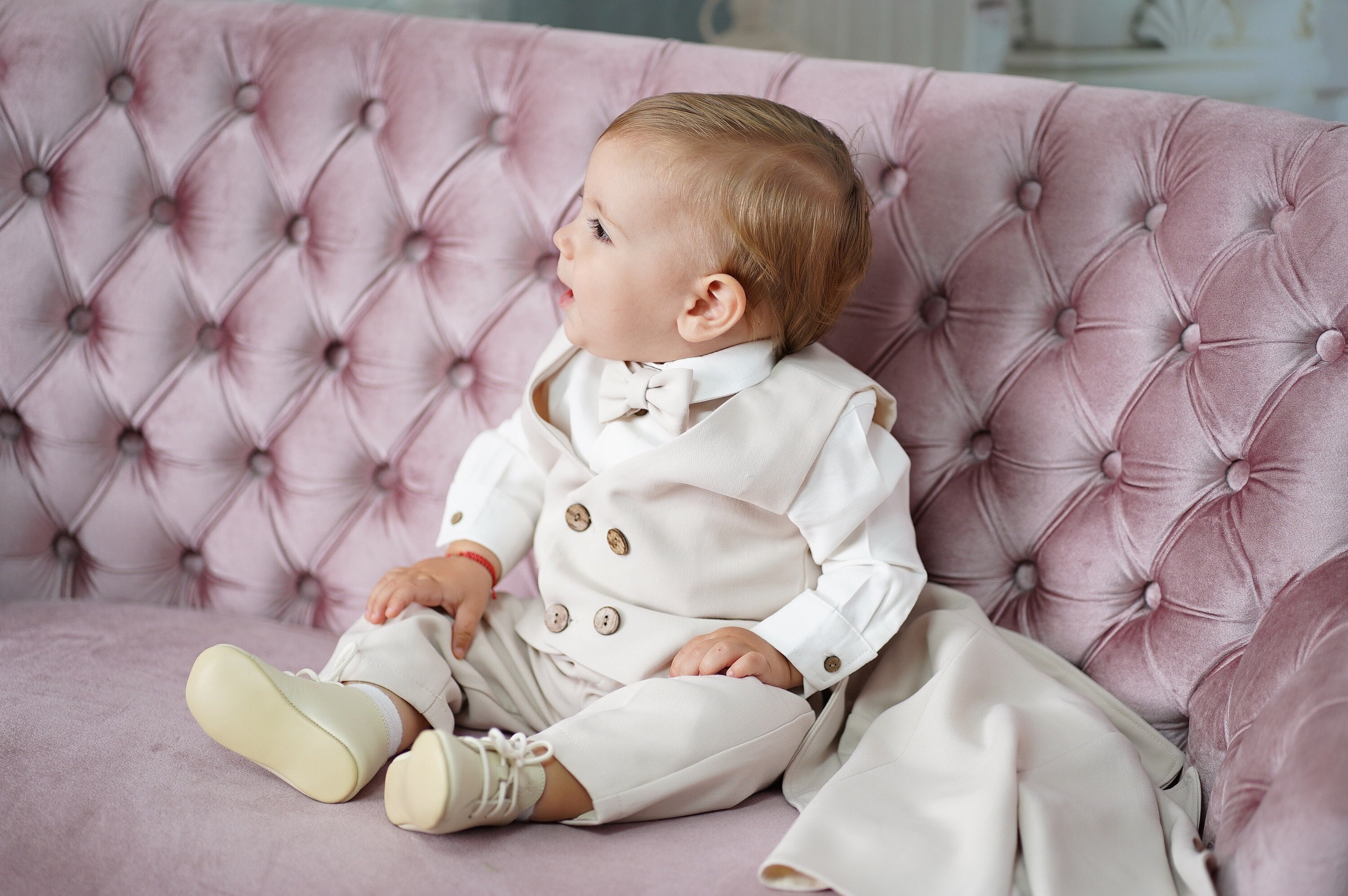 5 pc suit in Vanilla Suiting, Baby first suit, Wedding boy suit, First Birthday boy suit, Baptism, Boy Christening - Iacob suit