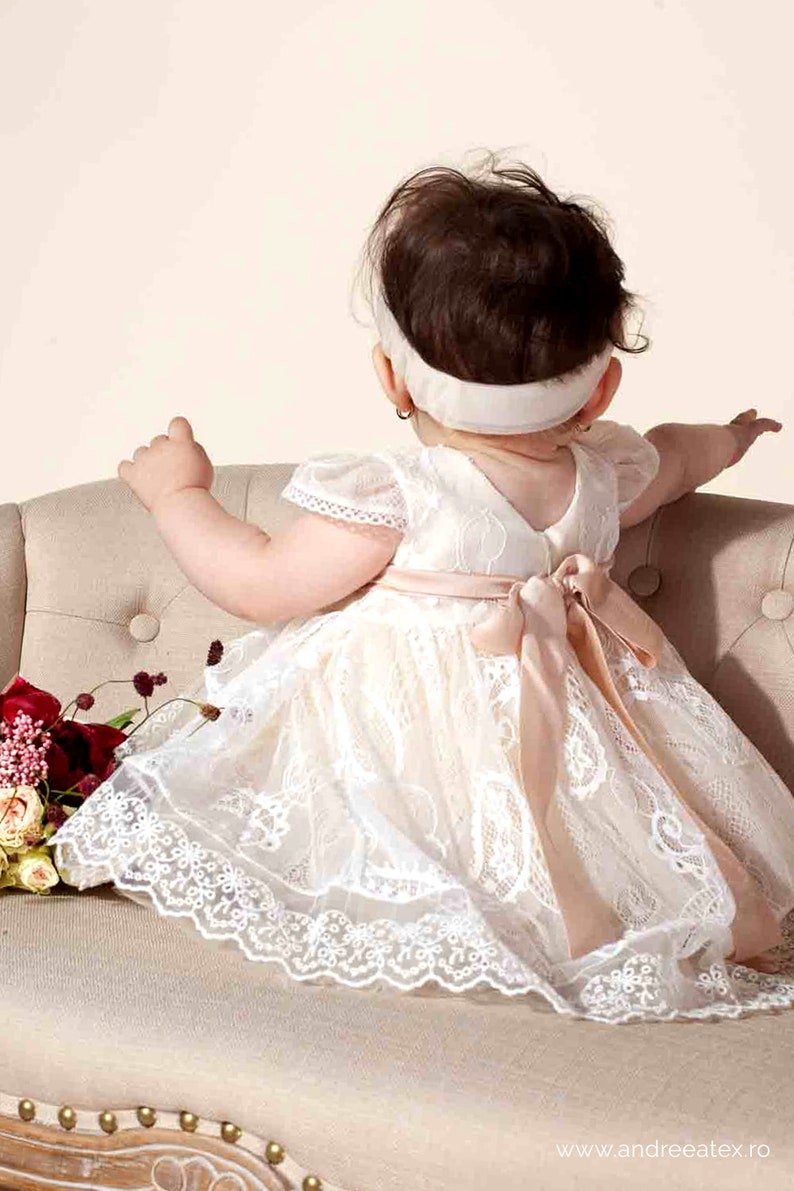 Baby Girl White Lace and Tulle Dress with Headband, Toddler Party Dress, Baby Pageant Dress, First Birthday Dress zdjęcie 6