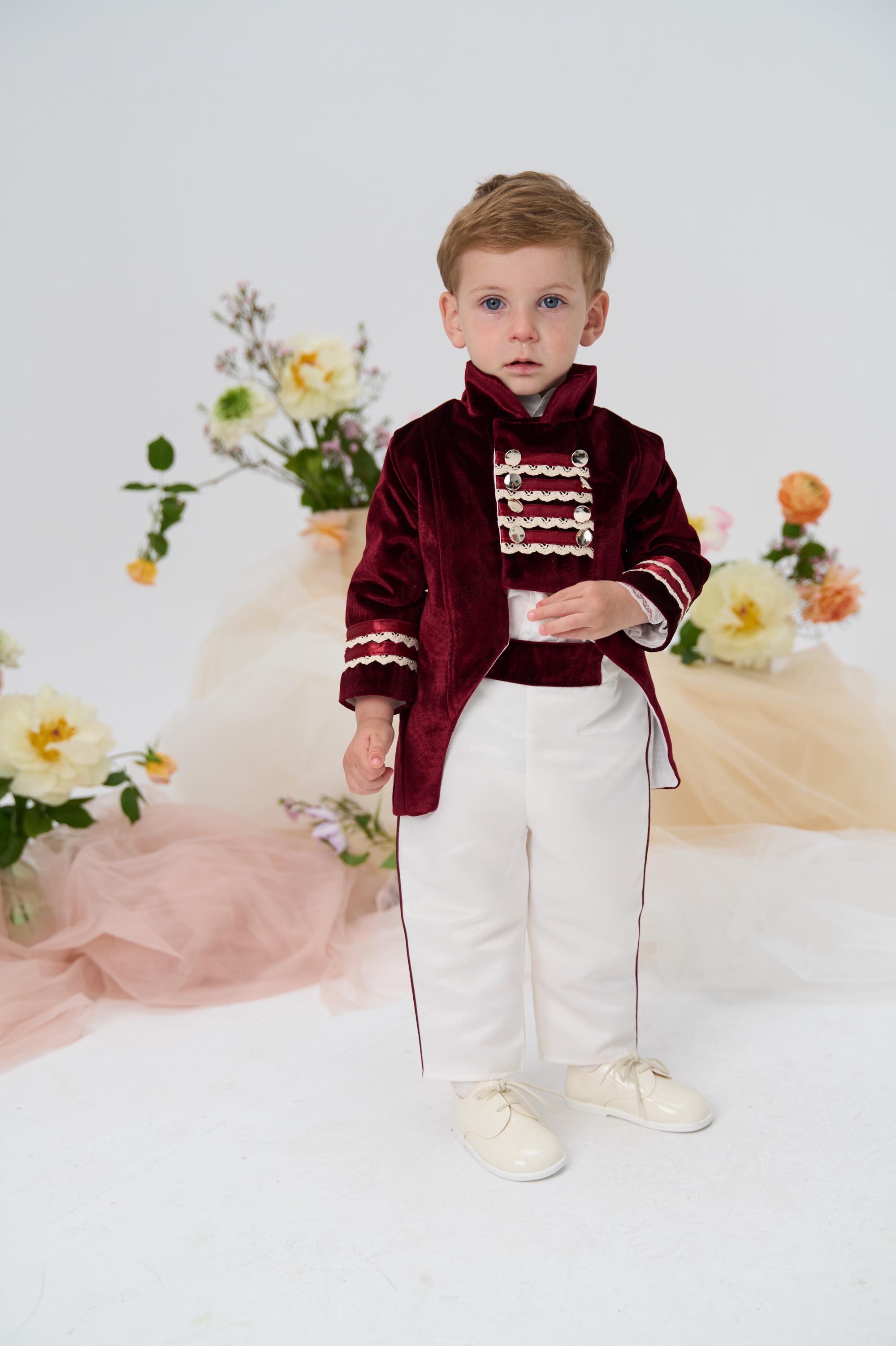 Burgundy Velvet Frock Coat Set: Baby Ring Bearer Outfit