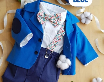 Ensemble costume en coton bleu pour bébé garçon, tenue de baptême, blazer d'anniversaire pour tout-petit, costume pour porteur d'alliances, tenue pour garçon de page, ensemble 5 pièces