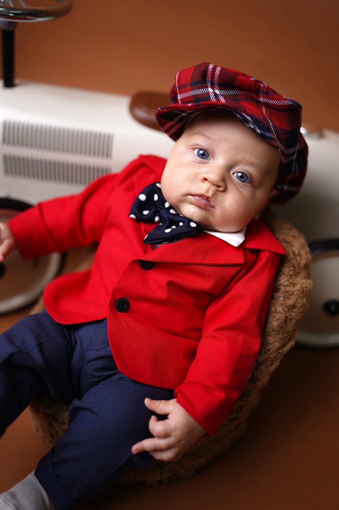 Red Cotton Baby Boy Suit Set, Baptism Outfit, Birthday Toddler Blazer