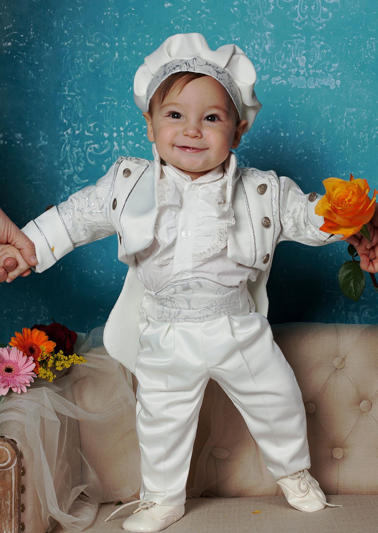 Little Prince Christening Suit: Silver Brocade Royal King Costume