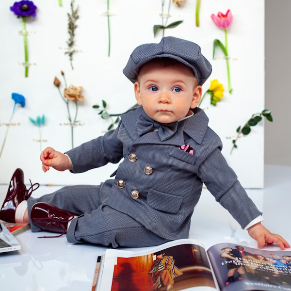 5-teiliger Anzug in grau Passend, Baby erster Anzug, Hochzeit Jungenanzug, erster Geburtstagsjungenanzug, Taufe, Jungentaufe - Felix Anzug