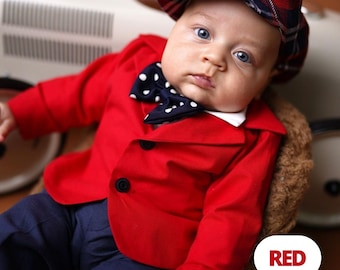 Conjunto de traje de niño de algodón rojo, traje de bautismo, blazer para niño de cumpleaños, traje de portador de anillo, traje de paje, conjunto de 5 piezas