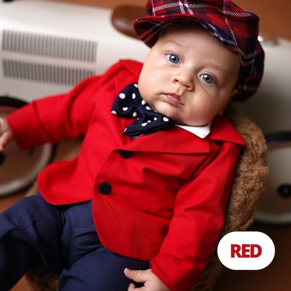 Red Cotton Baby Boy Suit Set, Baptism Outfit, Birthday Toddler Blazer, Ring Bearer Suit, Page Boy Outfit, Set 5 Pieces