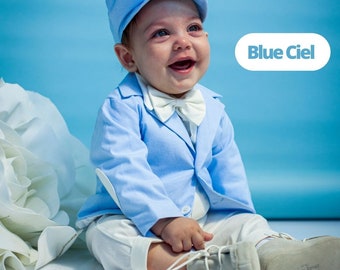 Conjunto de traje de algodón azul cielo para bebé niño, traje de bautismo para bebé niño, traje de cumpleaños para niño, traje de portador de anillos, traje de paje