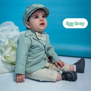 Duck Egg Gray Cotton Baby Boy Suit, Baptism Outfit, Birthday Toddler Blazer, Ring Bearer Suit, Page Boy Outfit, Set 5 Pieces