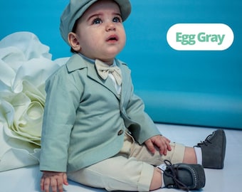 Duck Egg Gray Cotton Baby Boy Suit, Baptism Outfit, Birthday Toddler Blazer, Ring Bearer Suit, Page Boy Outfit, Set 5 Pieces