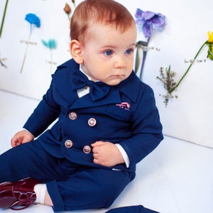 5 pc suit in Blue Suiting, Baby first suit, Wedding boy suit, First Birthday boy suit, Baptism, Boy Christening - Felix suit