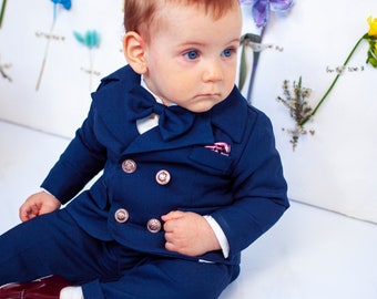 5 pc suit in Blue Suiting, Baby first suit, Wedding boy suit, First Birthday boy suit, Baptism, Boy Christening - Felix suit