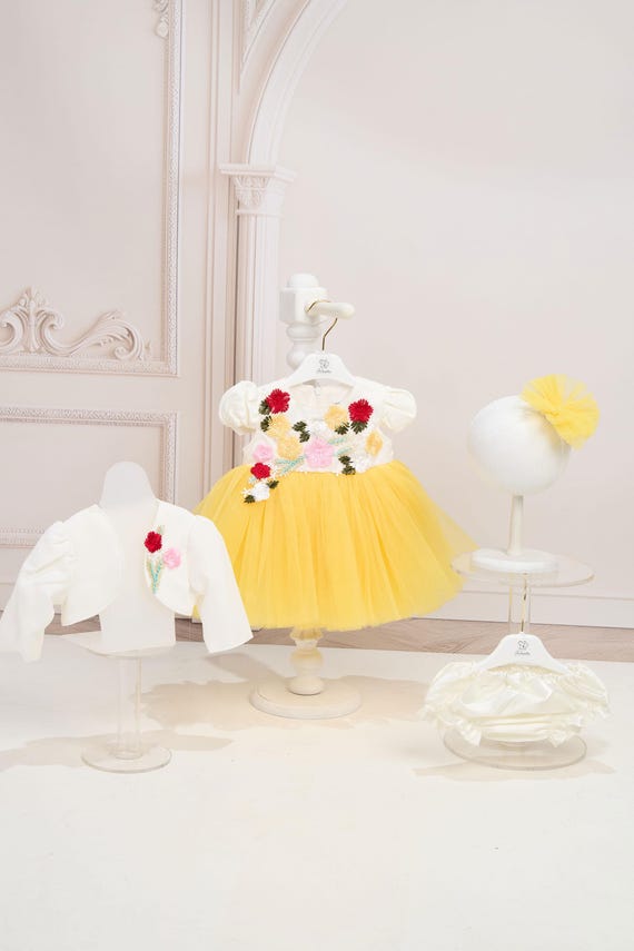 Yellow Baby Girl Christening Dress: Tulle Bolero, Headband