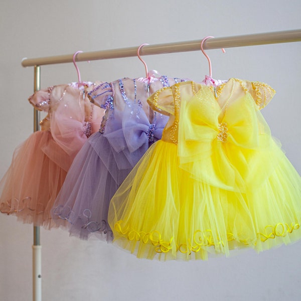 Baby Girl dress Special Occasion | Tulle flower girl dress | Yellow sequins girls dress | Kids dress with big bow