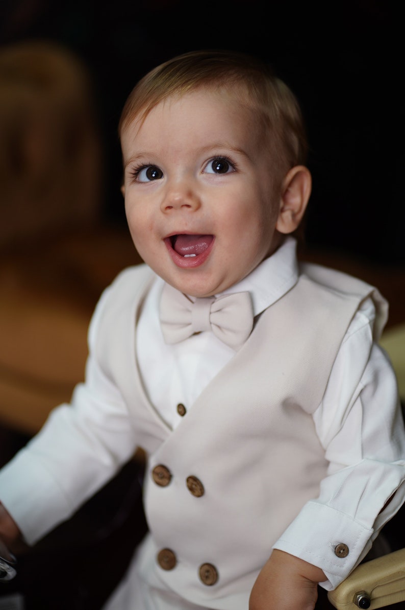 5 pc suit in Vanilla Suiting, Baby first suit, Wedding boy suit, First Birthday boy suit, Baptism, Boy Christening Iacob suit image 3