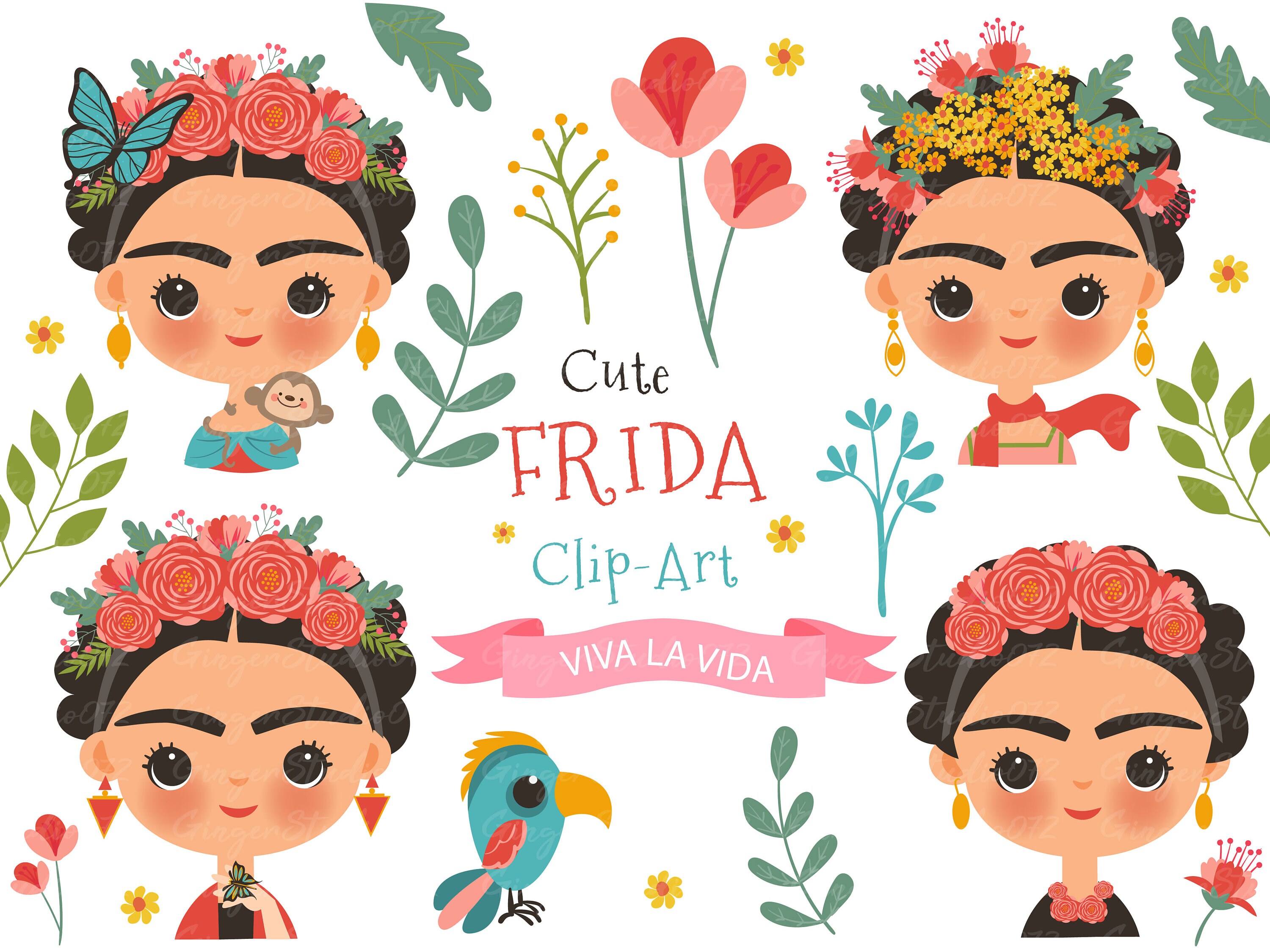 Cute Frida Clip Art Illustration Set cute girl cartoon | Etsy