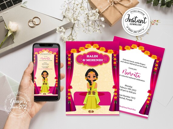 Cute Haldi Mehndi Invitation Card Template Haldi Ceremony Etsy