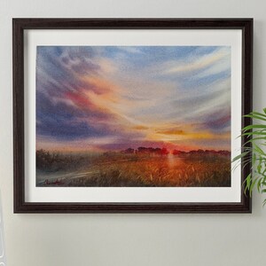Dipinto ad acquerello originale Tramonto Estate Campo Bellissimo Cielo Rosso Rosa Paesaggio Cielo blu Dipinto Tramonto Sole Foresta Impressionista Realistico