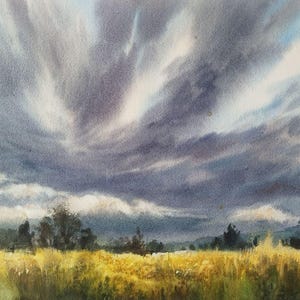 Aquarelle originale, champ de nature paysage, fleurs jaunes, paysage d'automne, aquarelle ciel nuageux, peinture jaune gris, pas d'impression