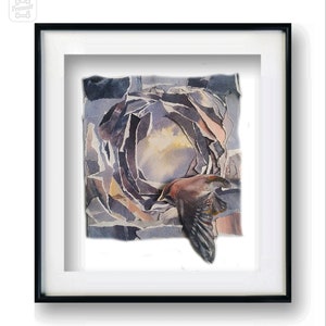 Opere d'arte originali per pittura ad acquerello con tecnica mista. Rinascita, mosaico di carta per pittura ad acquerello di uccelli, pezzi viola, decorazioni artistiche, arte della parete originale