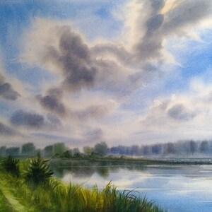 Original Watercolor Landscape Summer Sky River Scenery Summer Day Original Art Trees Forest Blue Landscape Wall Art Fine Day