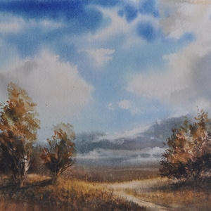 Peinture originale de paysage venteux Nature ensoleillée aquarelle arbres paysage journée venteuse automne paysage simple lumière du soleil bel art