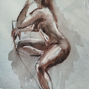 Acquerello originale schizzo figurativo donna, tecnica mista, acquerello di piccole dimensioni del corpo femminile, arte originale, arazzo, pittura di ragazza