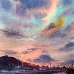 Aquarelle originale peinture paysage urbain Nature coucher de soleil beau ciel paysage art mural original nuages rose Orange pendaison de crémaillère route au coucher du soleil
