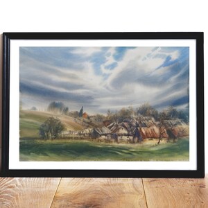 Original Watercolor Painting Spring Landscape Windy Day