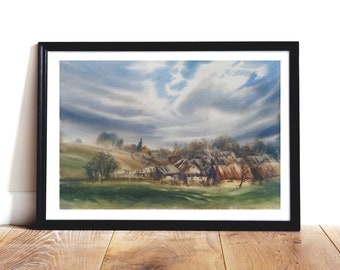 Originele aquarel schilderij lente landschap winderige dag