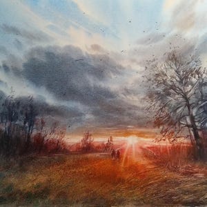 Aquarelle originale paysage grand coucher de soleil gens Nature rouge, arbres soleil peinture coucher de soleil, beau ciel aquarelle paysage, art de la nature, art mural