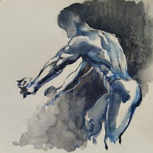 May include: Watercolor painting of a human figure in shades of blue and gray. The figure is seen from the back, with arms outstretched. The artwork has a soft, artistic style with visible brushstrokes and a focus on form and shadow.