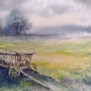 オリジナルの水彩画 緑の風景 ウクライナのカート風景 自然 印象派 リアル 霧の日 雨 黄色い国
