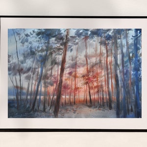 Foresta magica al tramonto, foresta di alberi acquerello, paesaggio originale, foresta al tramonto, arte della decorazione dell'acquerello, pineta, regalo di Natale