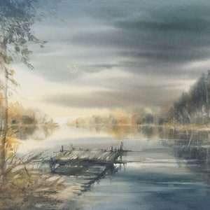 Grande arte originale ad acquerello, foresta di ponti autunnali, lago di pini ad acquerello, foresta di paesaggi ad acquerello, alberi, arte murale grigia, pittura decorativa
