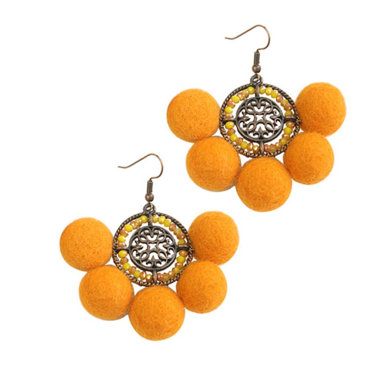 Wool Balls Earrings Bohemian Hoops Dangle Drop for Womens and Girls,Orange