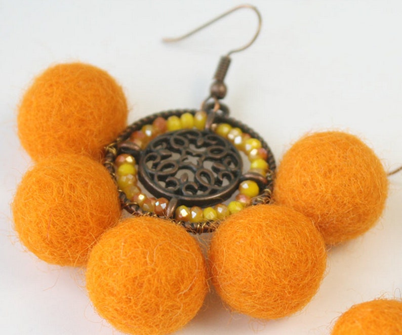 Wool Balls Earrings Bohemian Hoops Dangle Drop for Womens and Girls,Orange