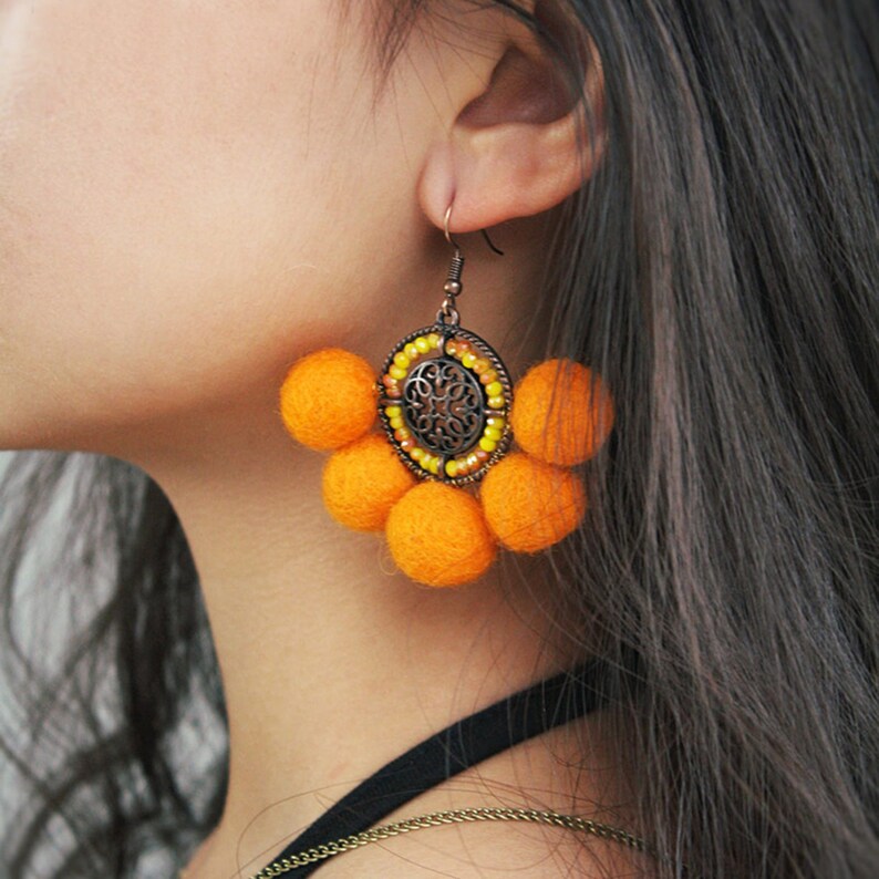 Wool Balls Earrings Bohemian Hoops Dangle Drop for Womens and Girls,Orange