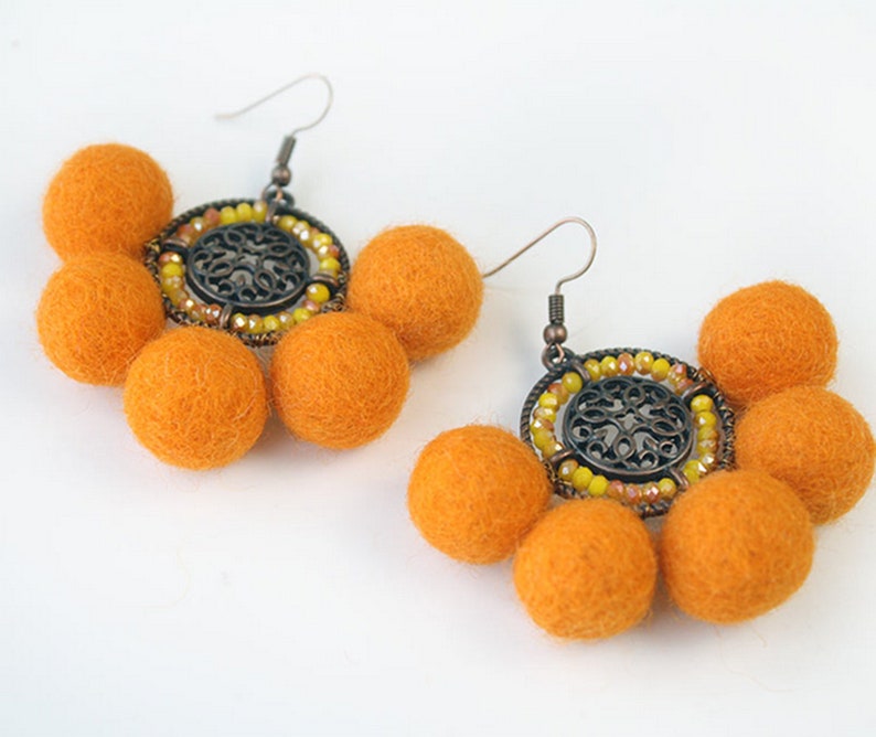 Wool Balls Earrings Bohemian Hoops Dangle Drop for Womens and Girls,Orange