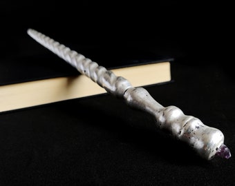 Silver Grace Magic Wand - unicorn hair core, amethyst crystal, unique design; Fantasy, Gifts for Geeks, LARP, Wizard, Witch, Geeky, Wicca