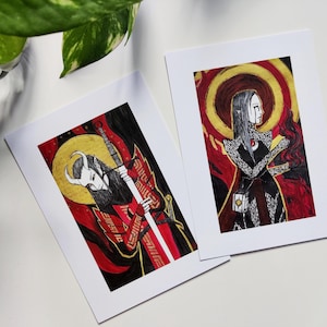 Tarjetas navideñas con arte de DnD: arte en tinta negra y roja, juego de 2 tarjetas navideñas