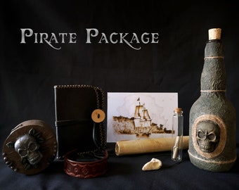 Pirate Startup Package for LARP - fantasy package, pouch, pirate chest, skull bottle, treasure map, leather bracelet, skull necklace, potion