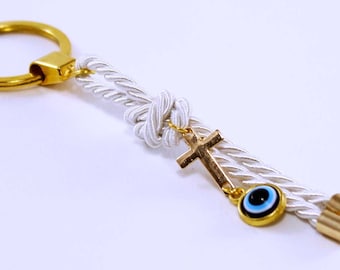 10 pcs Keychain Baptism favors gold cross evil eye - Christening favors, First Communion, Greek Orthodox Baptism martyrika, Wedding Keepsake