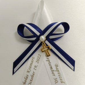 10 pcs Personalized martyrika dark blue & white double sided satin ribbons, hollow gold cross, Greek Orthodox Baptism, witness pins for boys