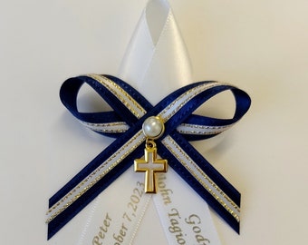 10 pcs Personalized Martyrika baptism satin  ribbons navy blue & white ribbon gold edges, Greek Orthodox Baptism, personalized witness pins