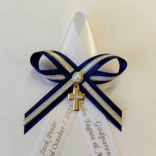 10 pcs Personalized Martyrika baptism satin  ribbons navy blue & white ribbon gold edges, Greek Orthodox Baptism, personalized witness pins