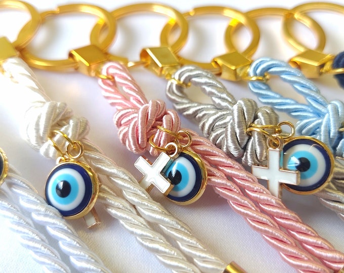 10 Pcs Keychain Baptism Favors White Enameled Cross and Evil Eye ...