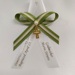 10 pcs Personalized Martyrika baptism olive green ribbon with white ribbon gold edges witness pins baptism - personalized baby shower favor