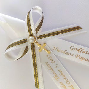 Personalized Martyrika for baptism, white & olive green with gold edges ribbon, gold cross, witness pins baptism - Greek Orthodox Baptism