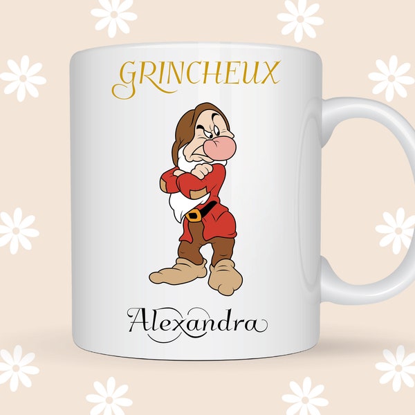 Mug blanc à personnaliser, impression sublimation (Blanche-Neige et les sept nains, Grincheux, prénom...)