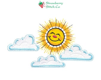 Sun and Clouds, Embroidery Design, Kids Embroidery, Smiley Face Sun, Machine Embroidery, Instant Download, Cartoon Embroidery