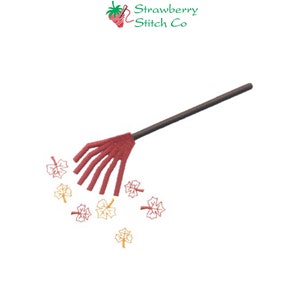 May include: A red rake with a brown handle is shown against a white background.  The rake is sweeping up a scattering of orange and yellow leaves.